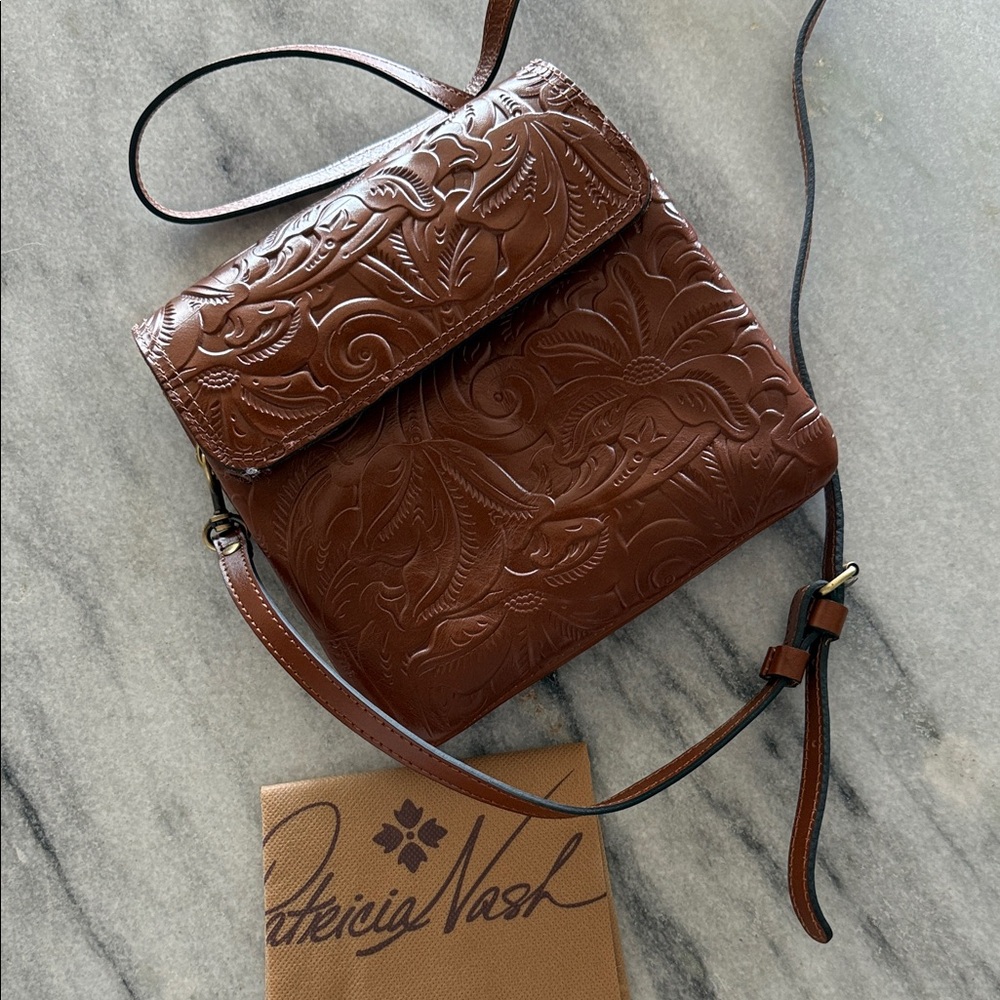 Patricia Nash Floral Embossed Brown Crossbody Bag